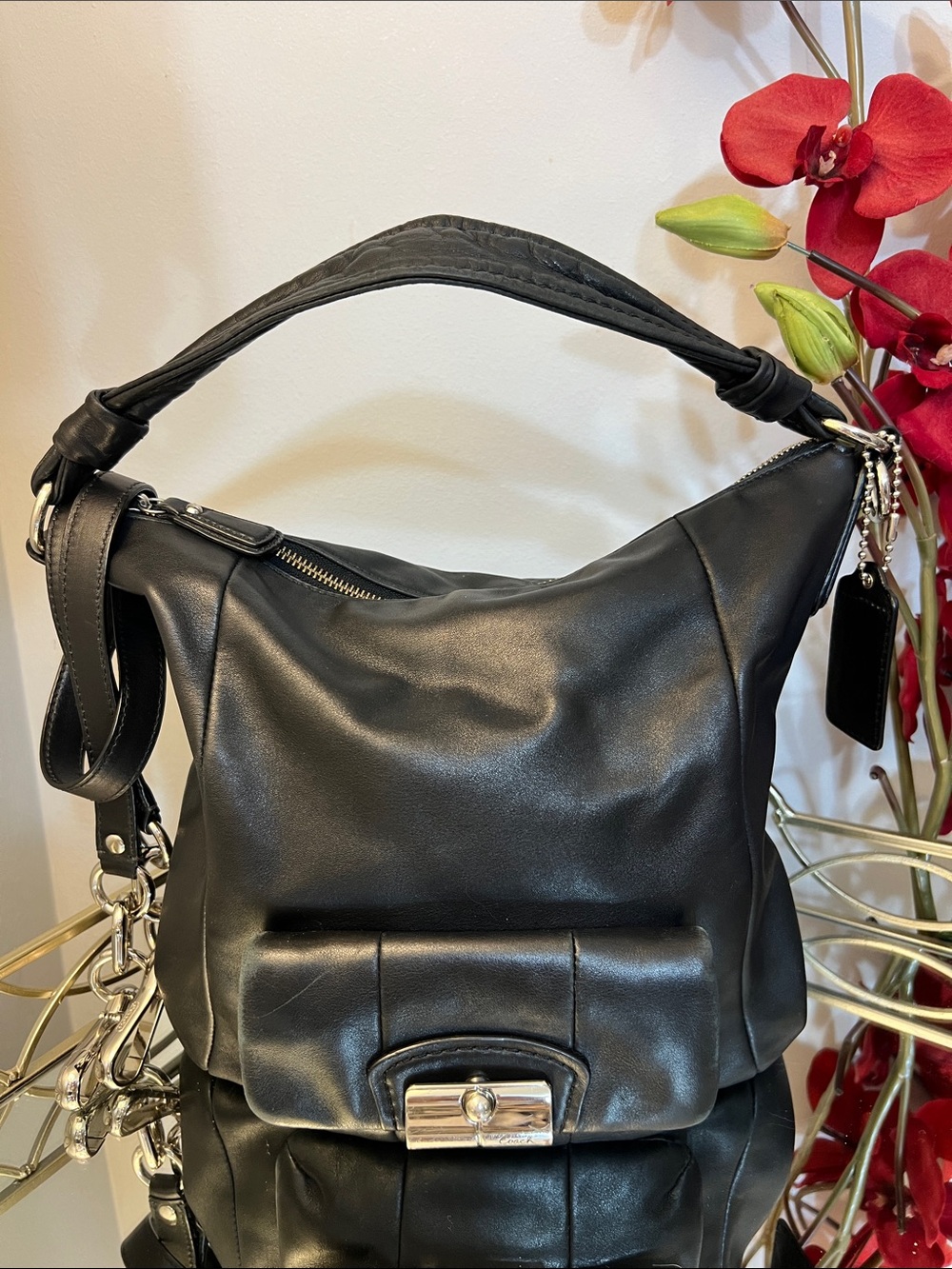 COACH Kristin Black Soft Leather Hobo Crossbody Bag w/Crossbody Strap 14783